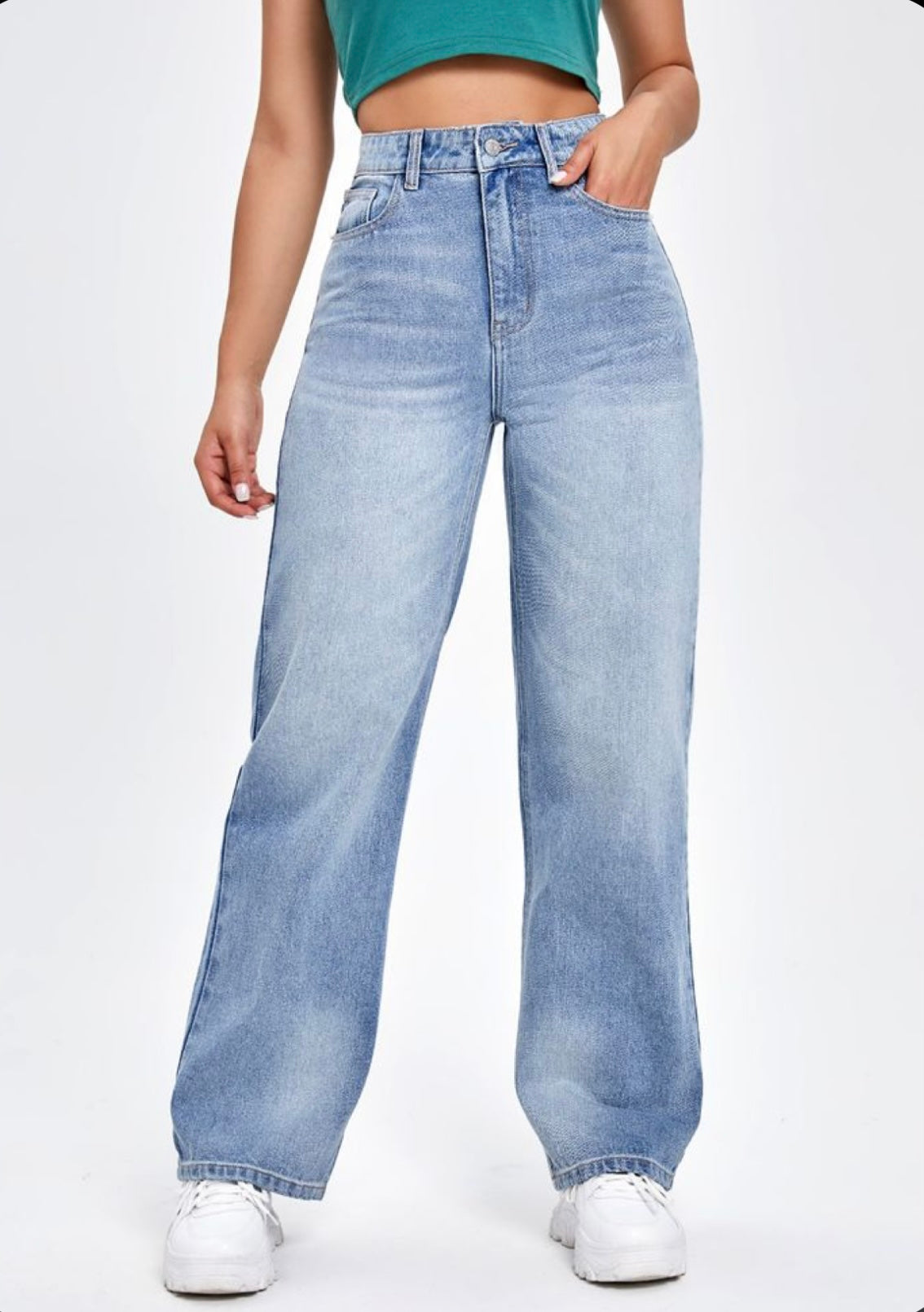 Highwaist Whiskers Straight Fit Wide Leg Denim In Light Blue
