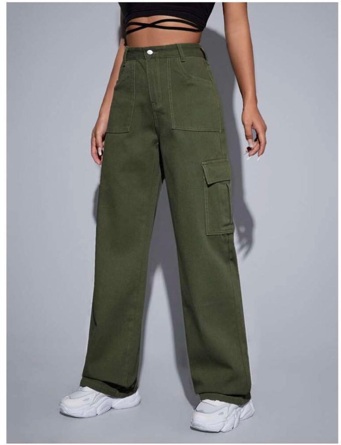 Highwaist Flap Pockets Cargo Style Denim In Green