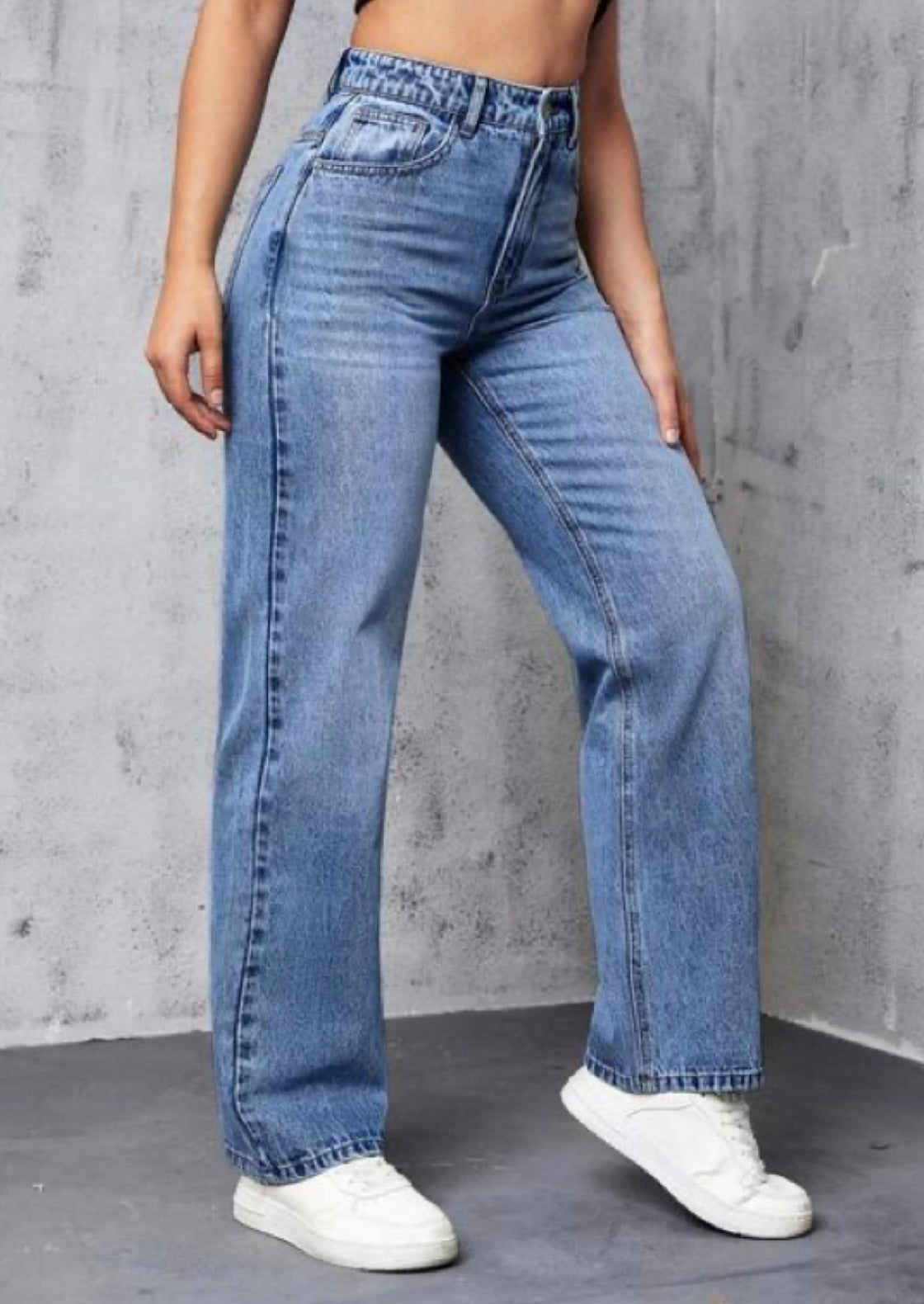 Highwaist Whiskers Straight Fit Wide Leg Denim In Mid Blue