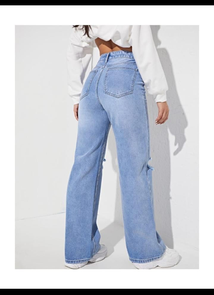 Highwaist Whiskers Distressed Straight Fit Wide Leg Denim In Light Blue