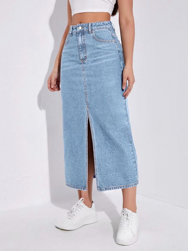 Highwaist Whisker Wash Long Skirt In Light Blue