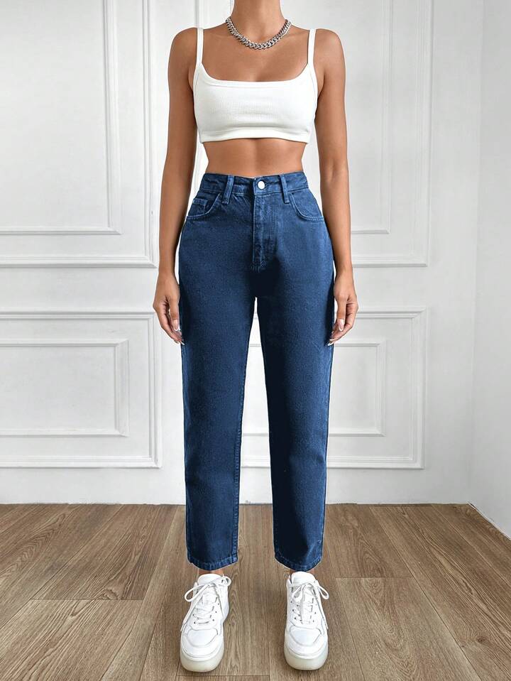 Highwaist Mom Fit Denim In Dark Blue