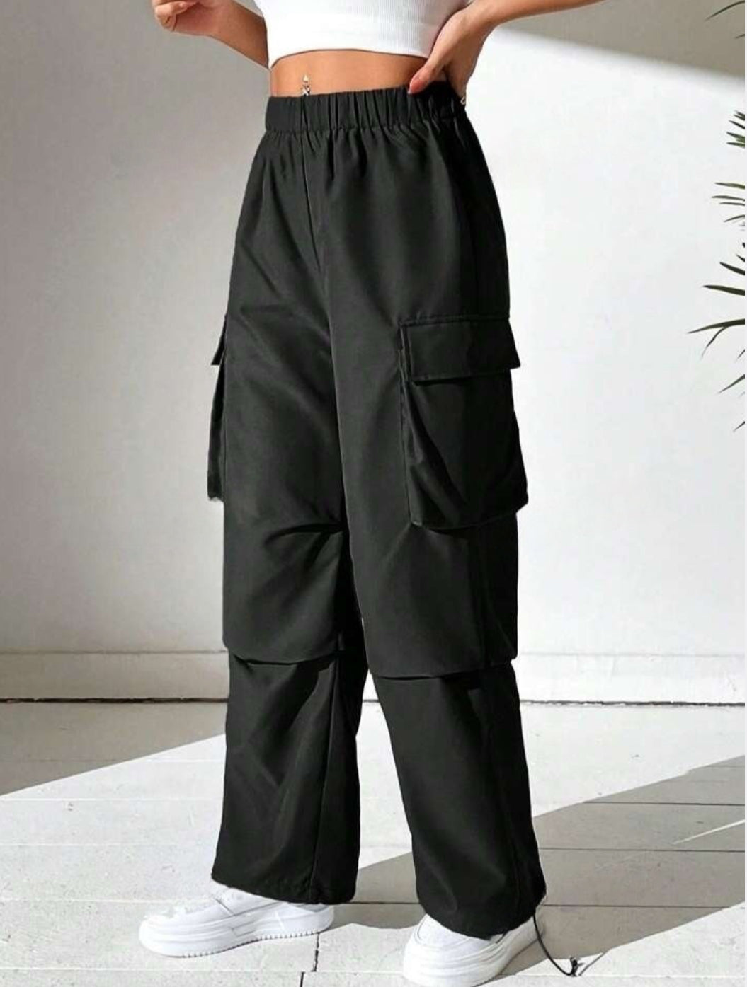 Drawstring Parachute Pants - Black