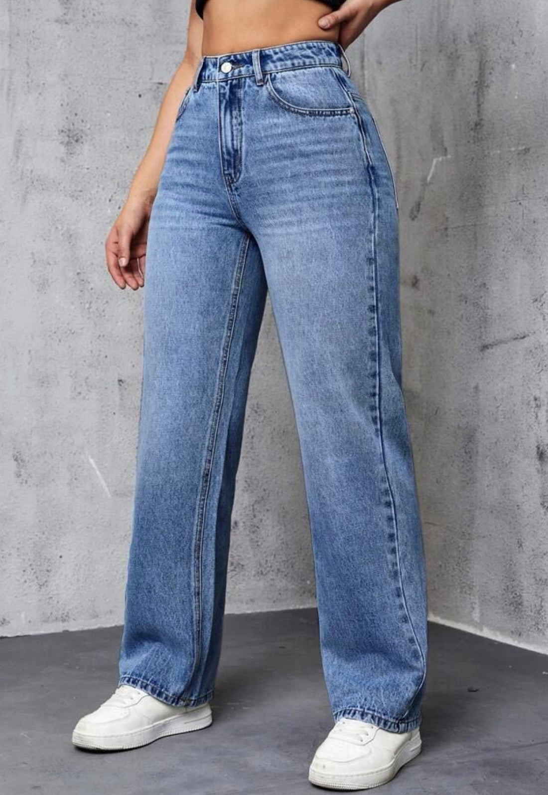 Highwaist Whiskers Straight Fit Wide Leg Denim In Mid Blue