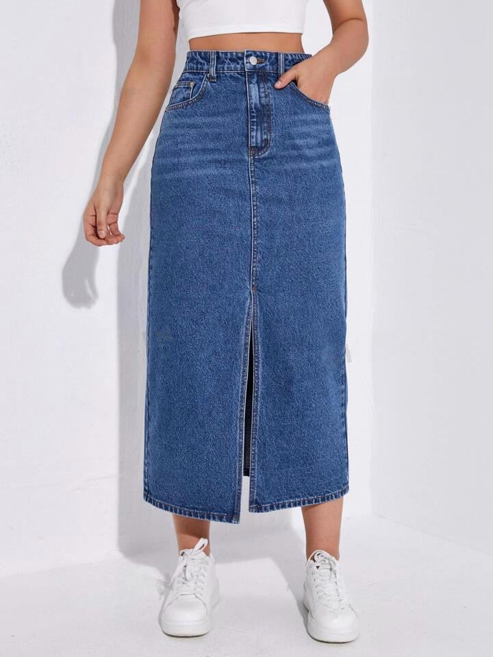 Highwaist Whisker Wash Long Skirt In Dark Blue
