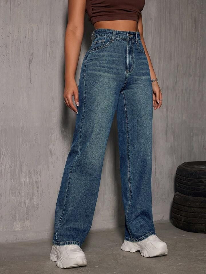 Highwaist Whisker Straight Fit Wide Leg Denim In Ocean Blue