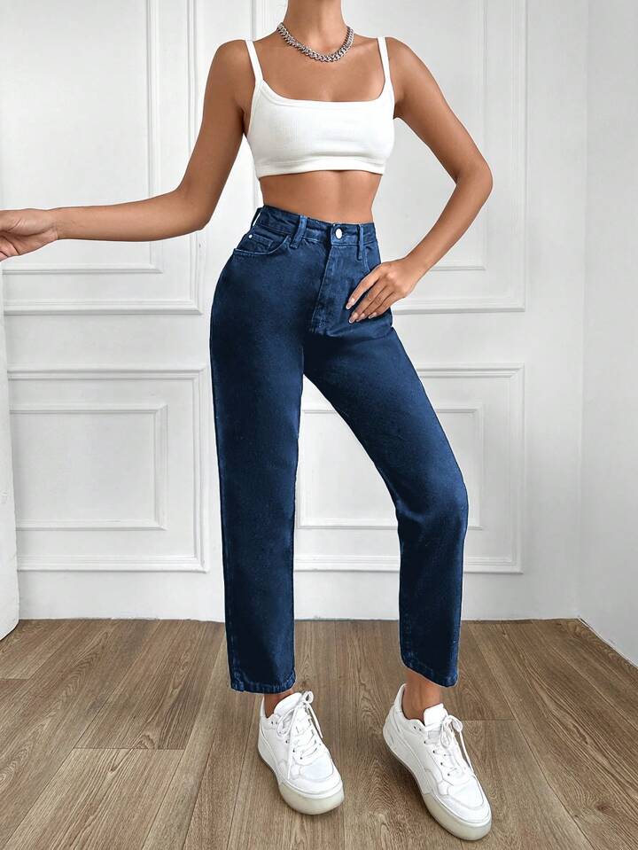 Highwaist Mom Fit Denim In Dark Blue