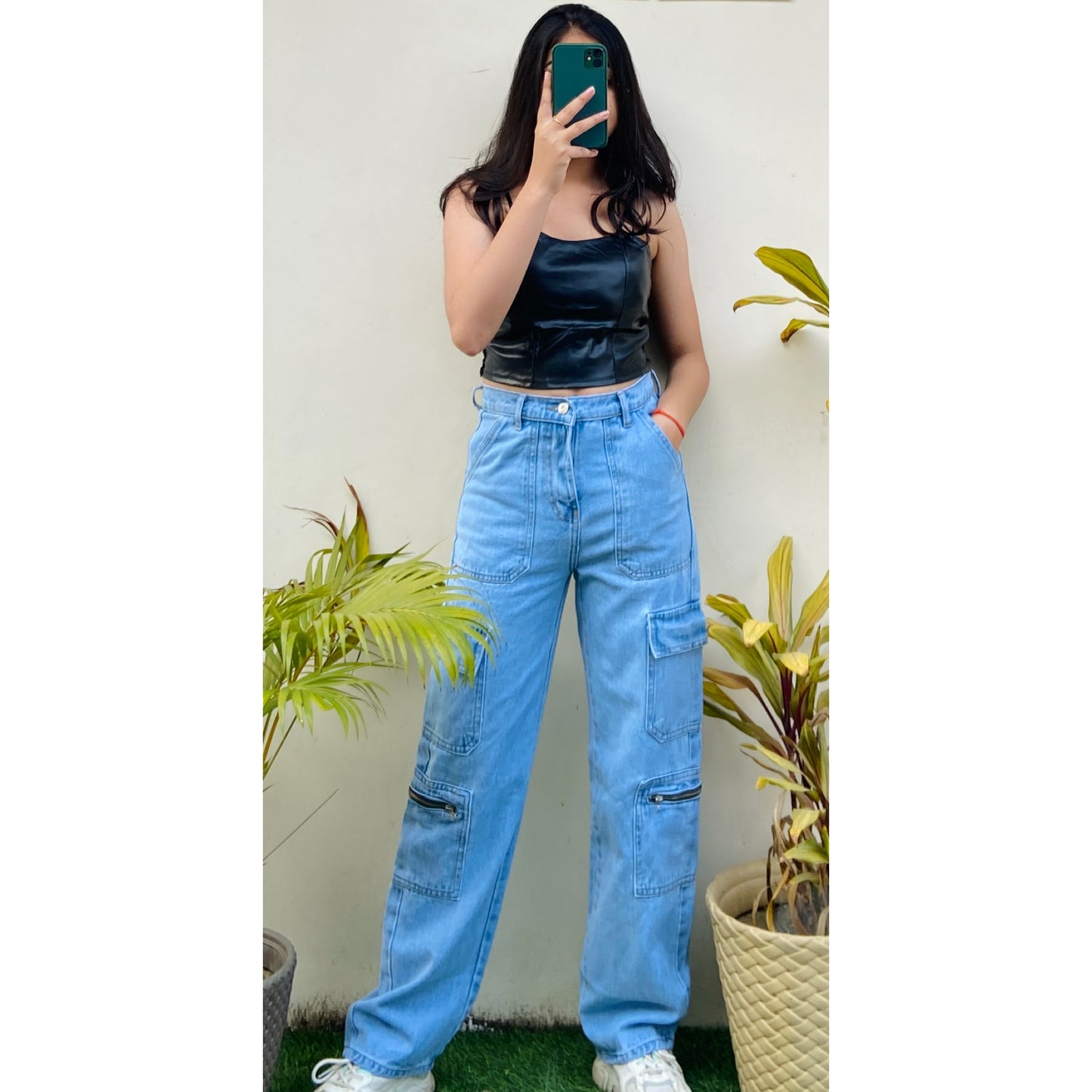 Highwaist Side Zipper Cargo Style Denim In Light Blue