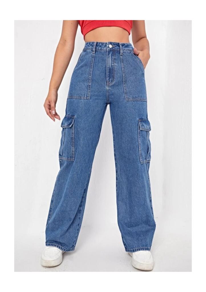 Highwaist Flap Pockets Cargo Style Denim In Dark Blue