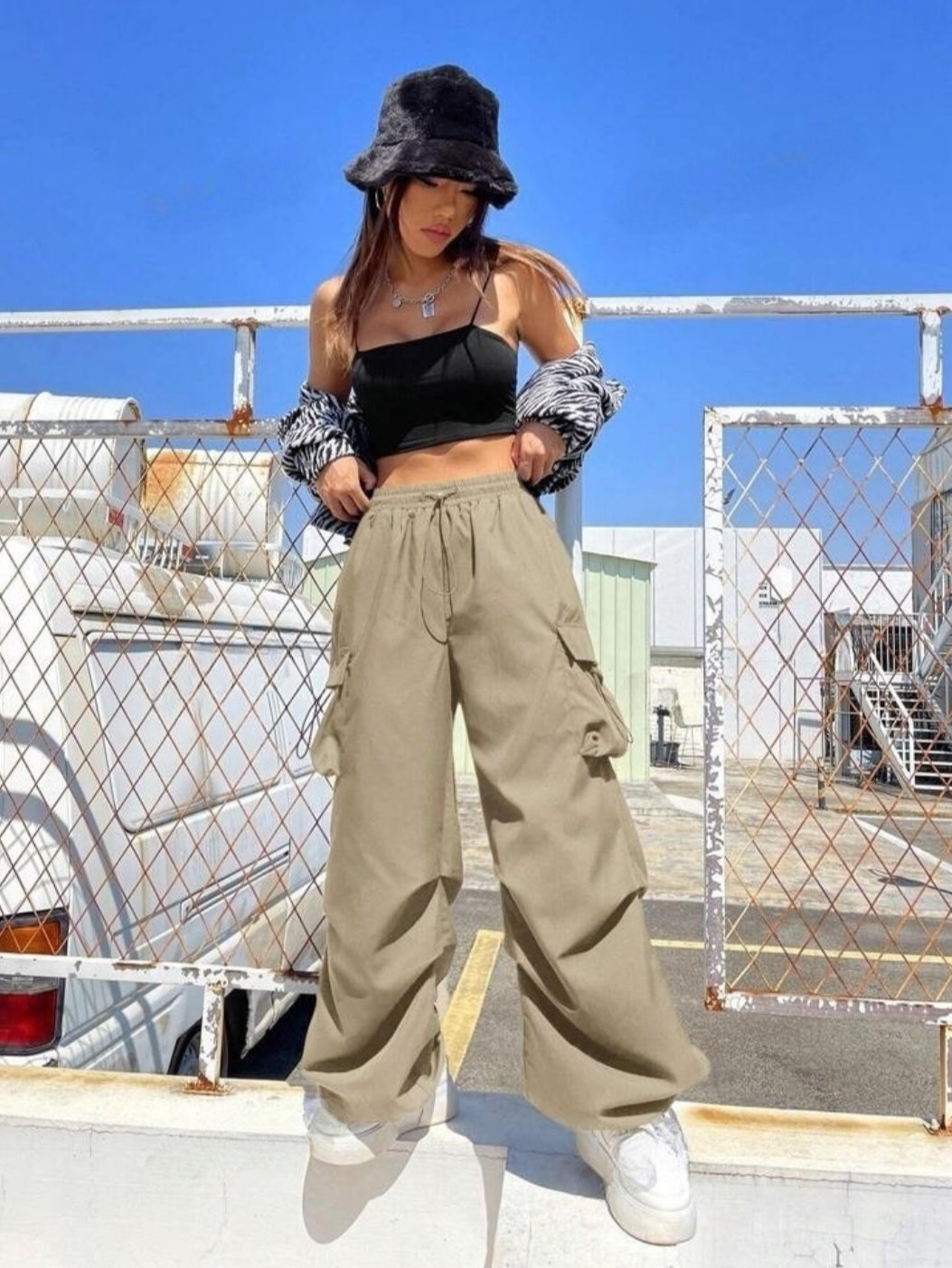 Drawstring Parachute Pants - Beige