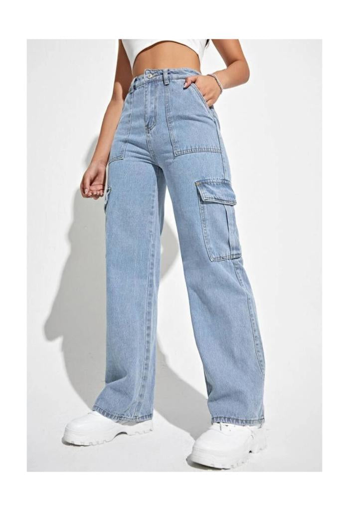 Highwaist Flap Pockets Cargo Style Denim In Light Blue