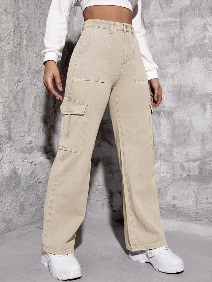 Highwaist Flap Pockets Cargo Style Denim In Beige