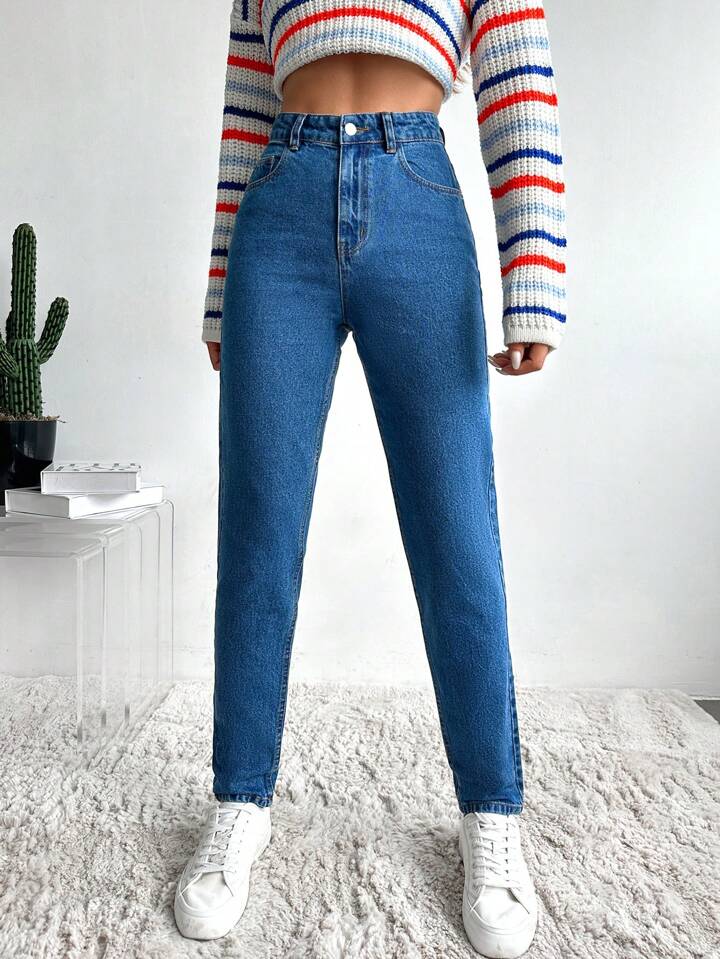 Highwaist Mom Fit Denim In Stone Blue