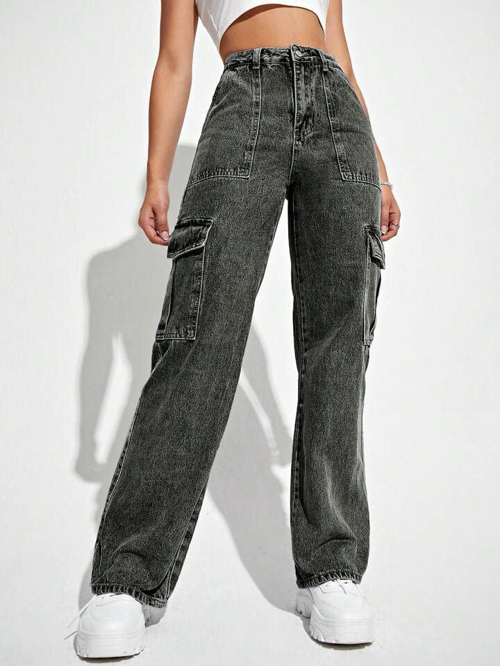 Highwaist Flap Pockets Cargo Style Denim In Charcoal Grey