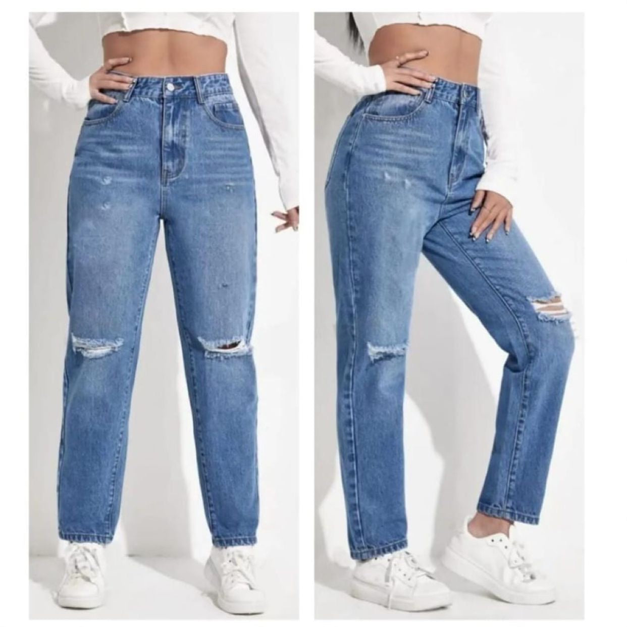 Highwaist Whiskers Distressed Mom Fit Denim In Mid Blue