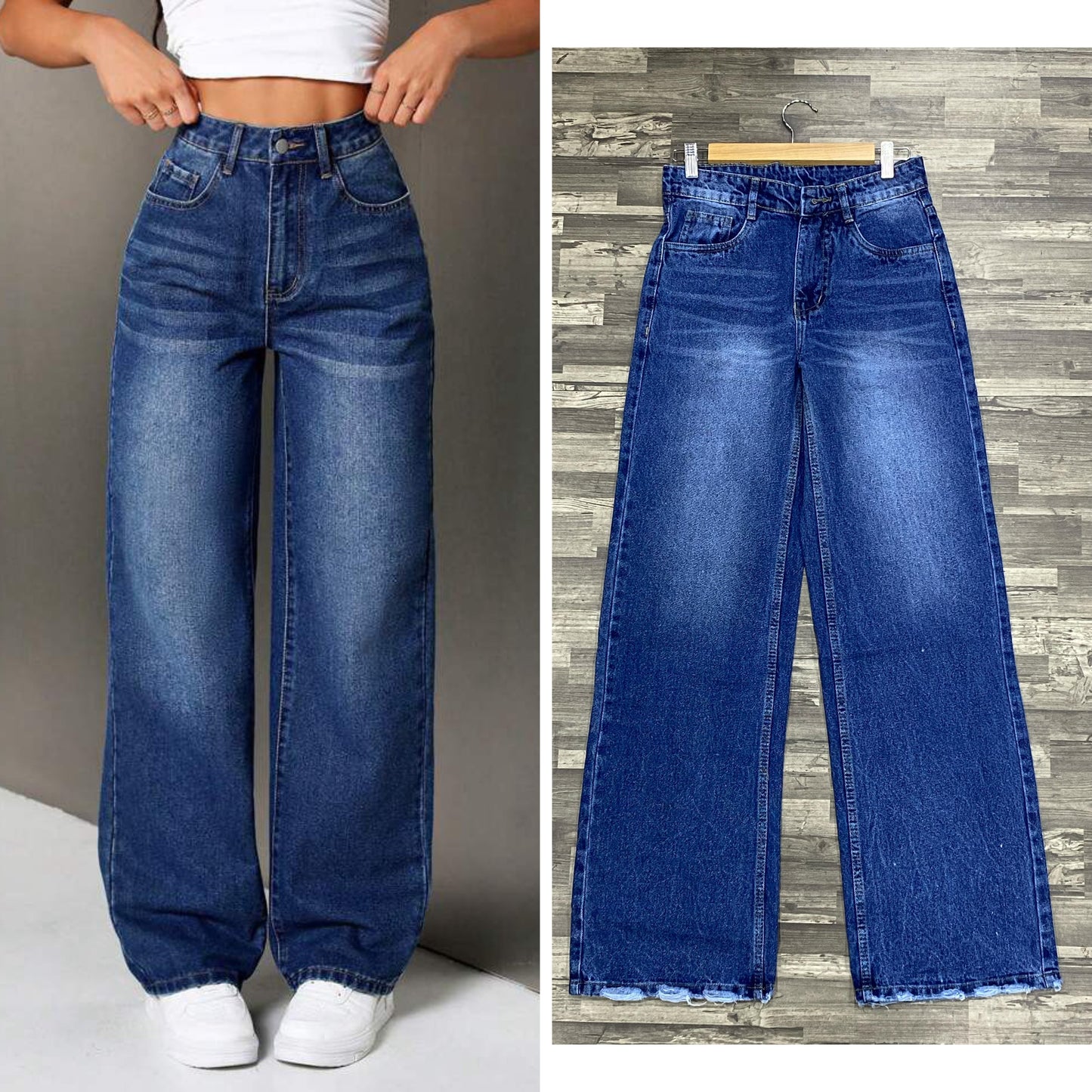 Highwaist Whisker Wash Distressed Hem Baggy Fit Denim - Dark Blue