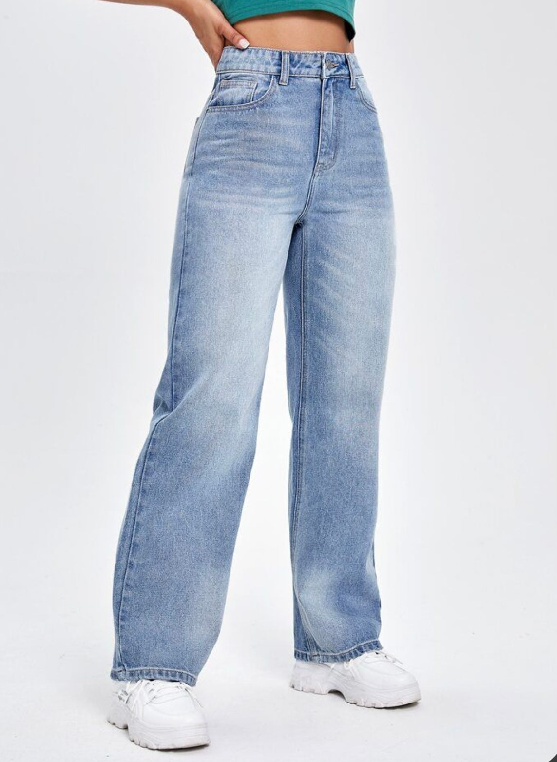 Highwaist Whiskers Straight Fit Wide Leg Denim In Light Blue