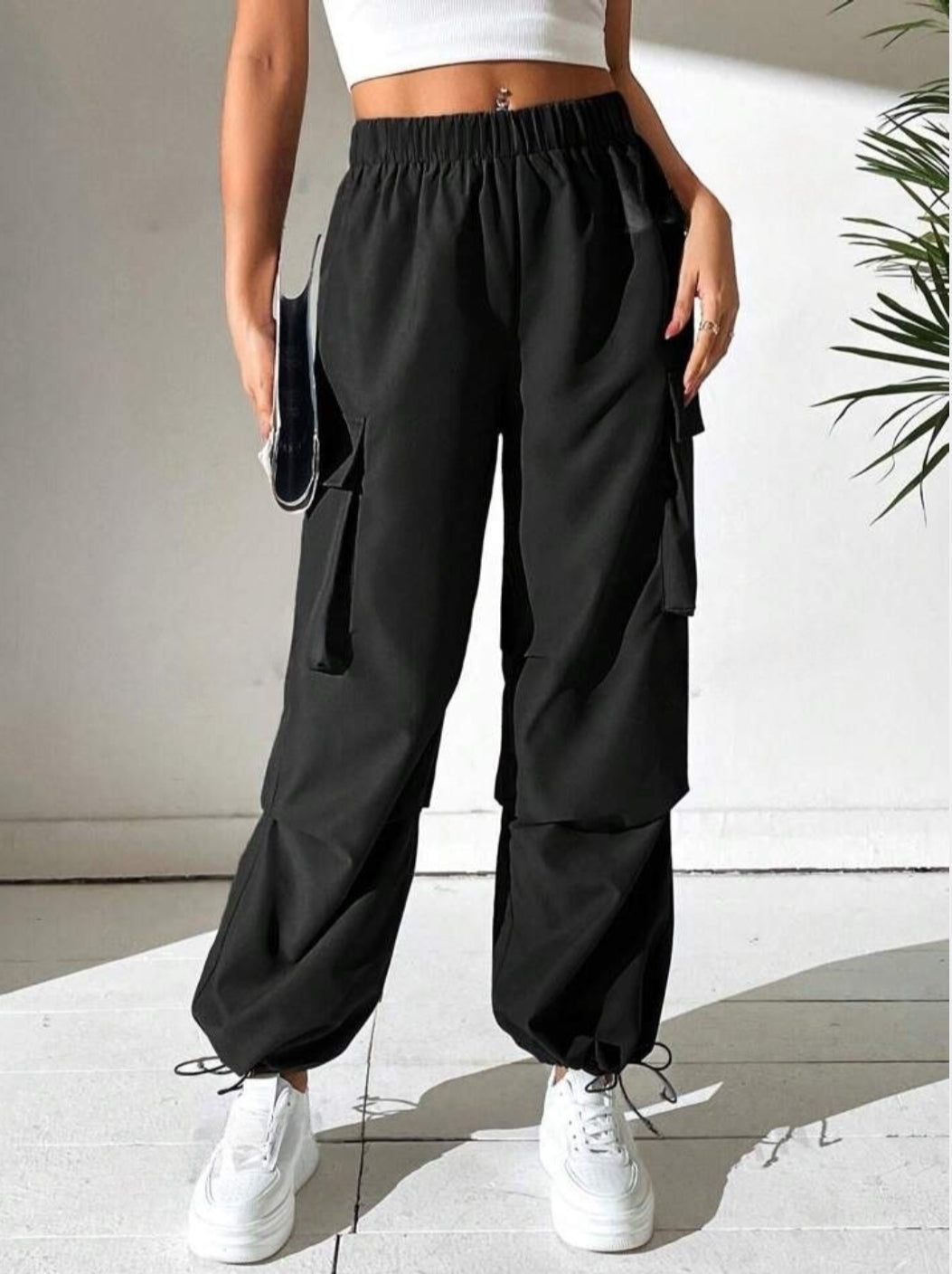Drawstring Parachute Pants - Black