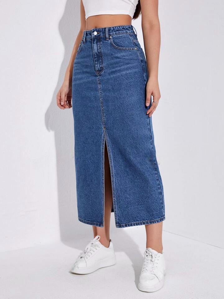 Highwaist Whisker Wash Long Skirt In Dark Blue