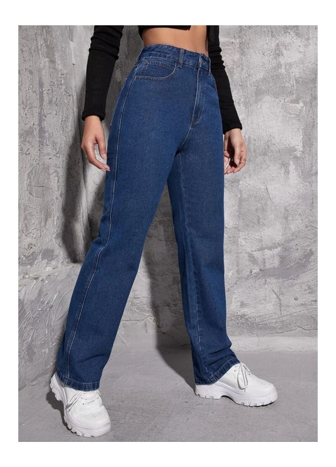Highwaist Straight Fit Wide Leg Denim In Dark Blue