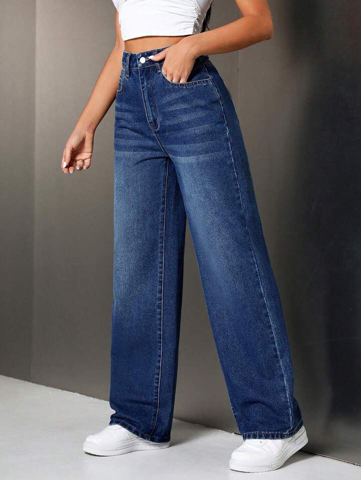 Highwaist Whisker Wash Distressed Hem Baggy Fit Denim - Dark Blue