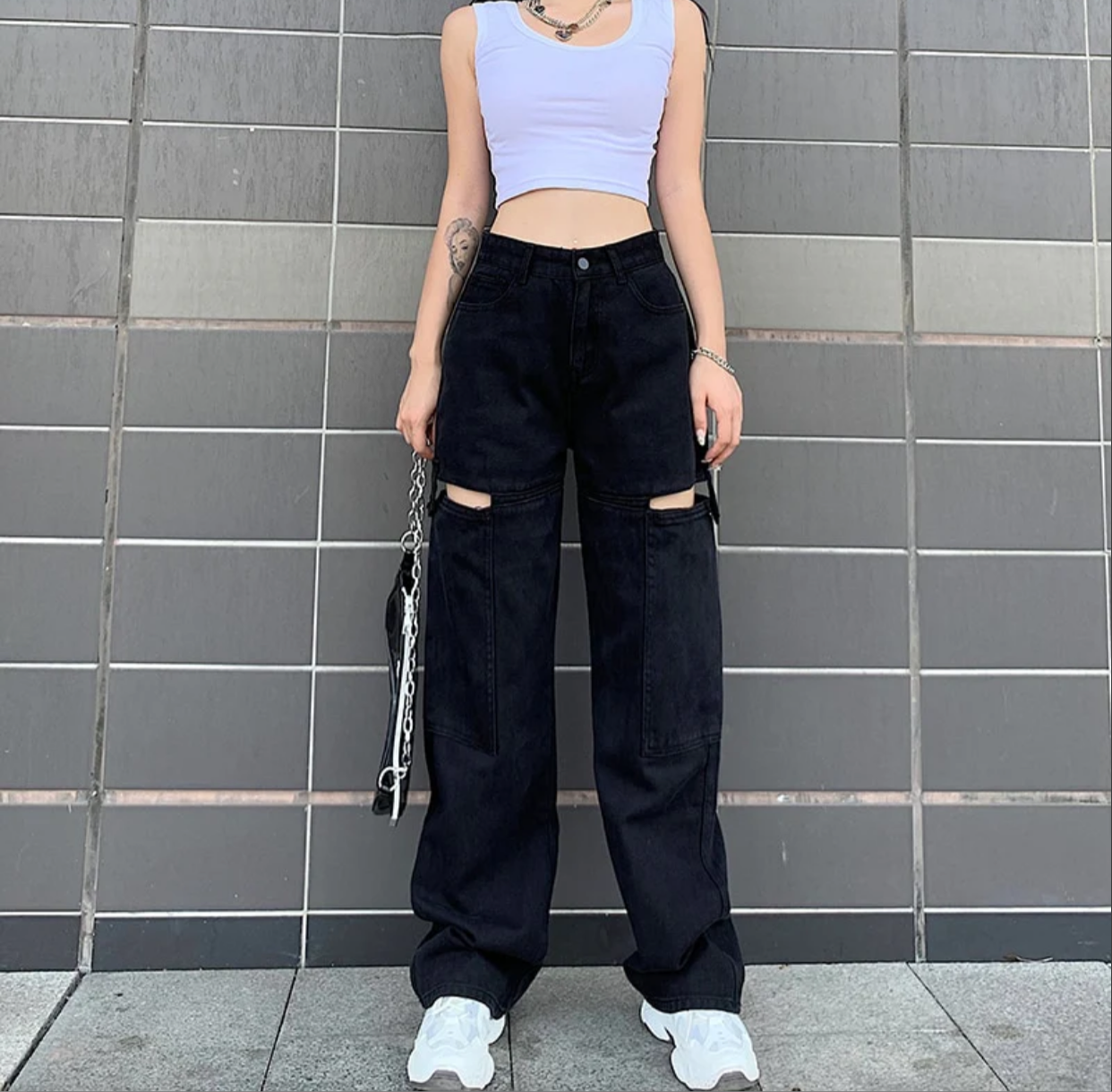 Highwaist Hollow Cut Out Wide Leg Denim In Black