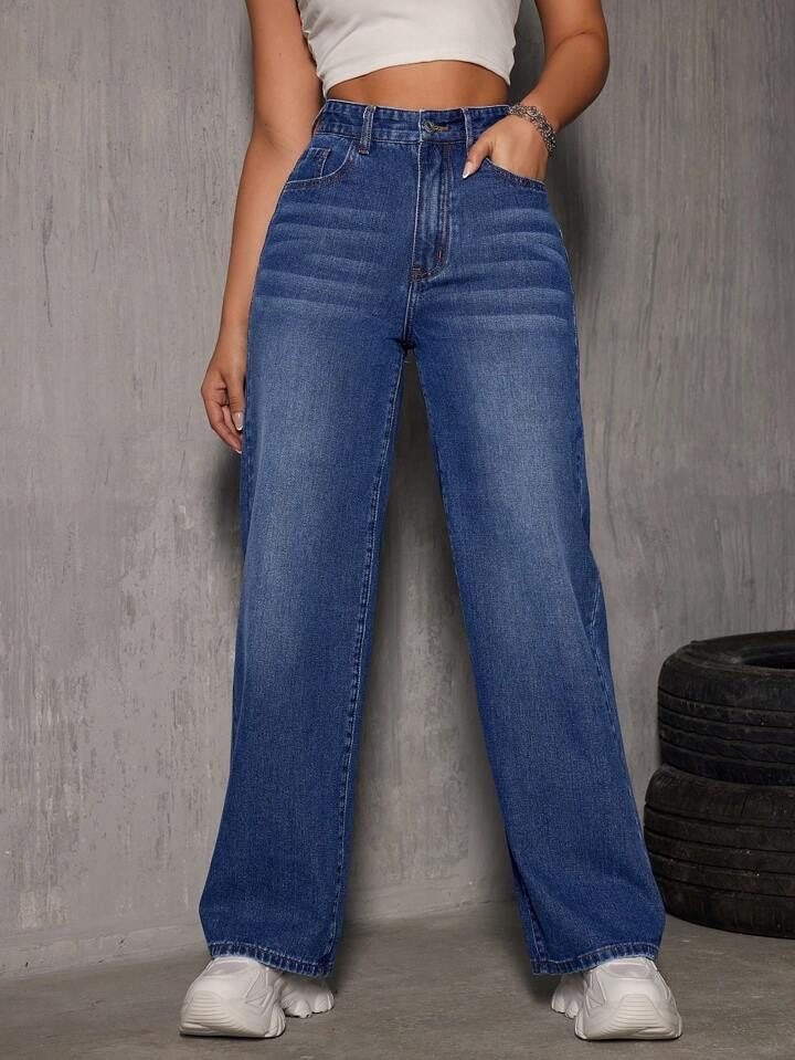 Highwaist Whisker Straight Fit Wide Leg Denim In Dark Blue