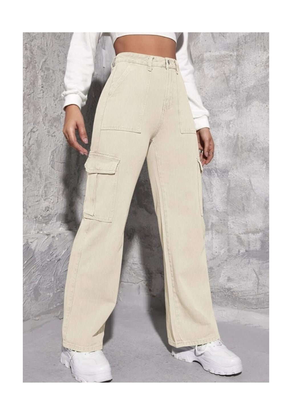 Highwaist Flap Pockets Cargo Style Denim In Cream