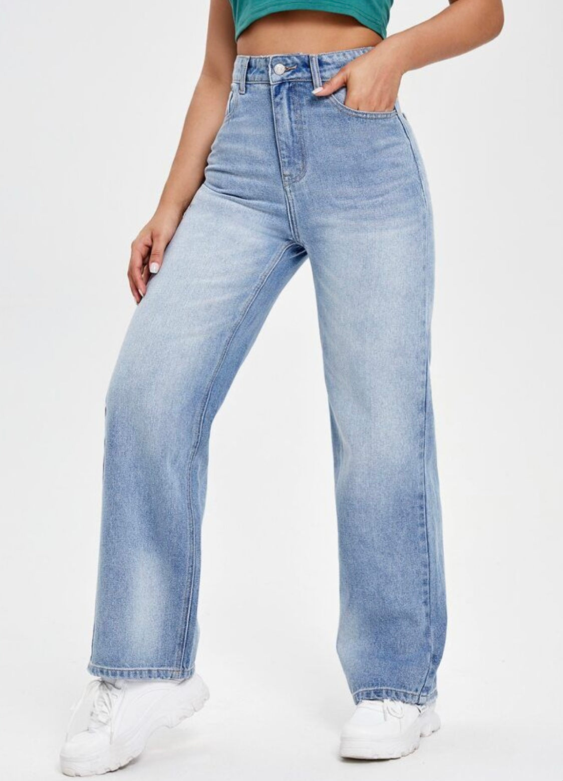 Highwaist Whiskers Straight Fit Wide Leg Denim In Light Blue