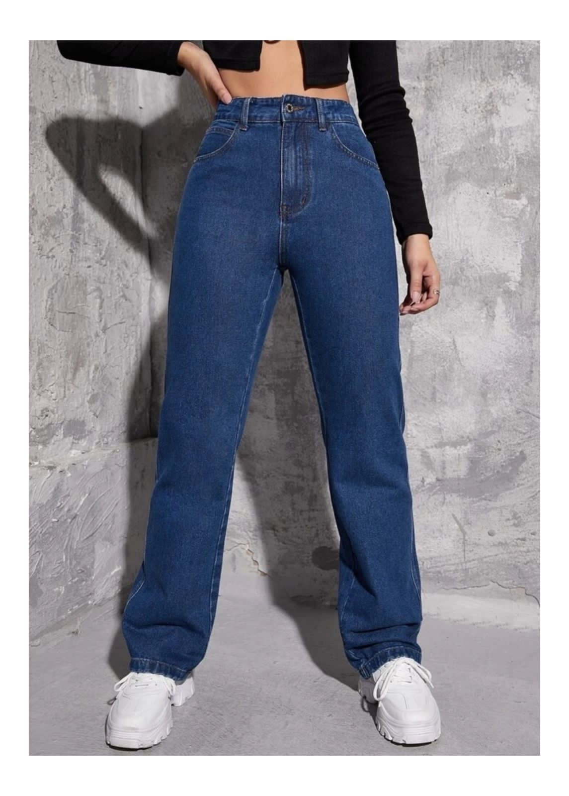 Highwaist Straight Fit Wide Leg Denim In Dark Blue
