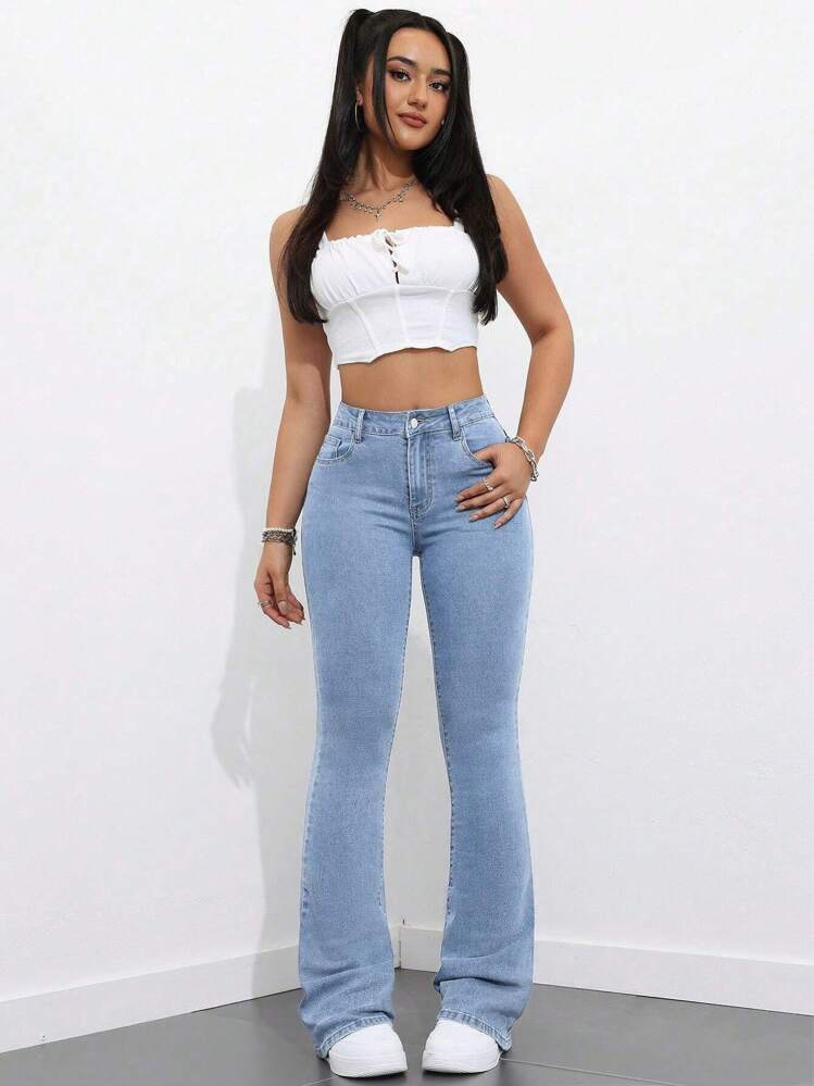 Highwaist Flared Leg Bellbottom Denim In Light Blue