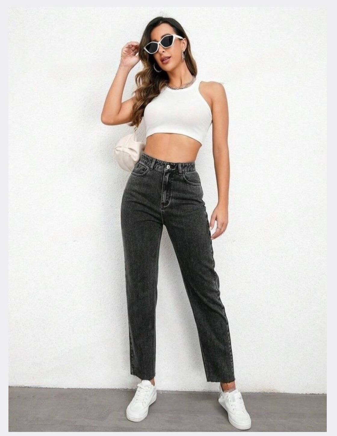 Highwaist Raw Hem Mom Fit Denim In Charcoal Grey