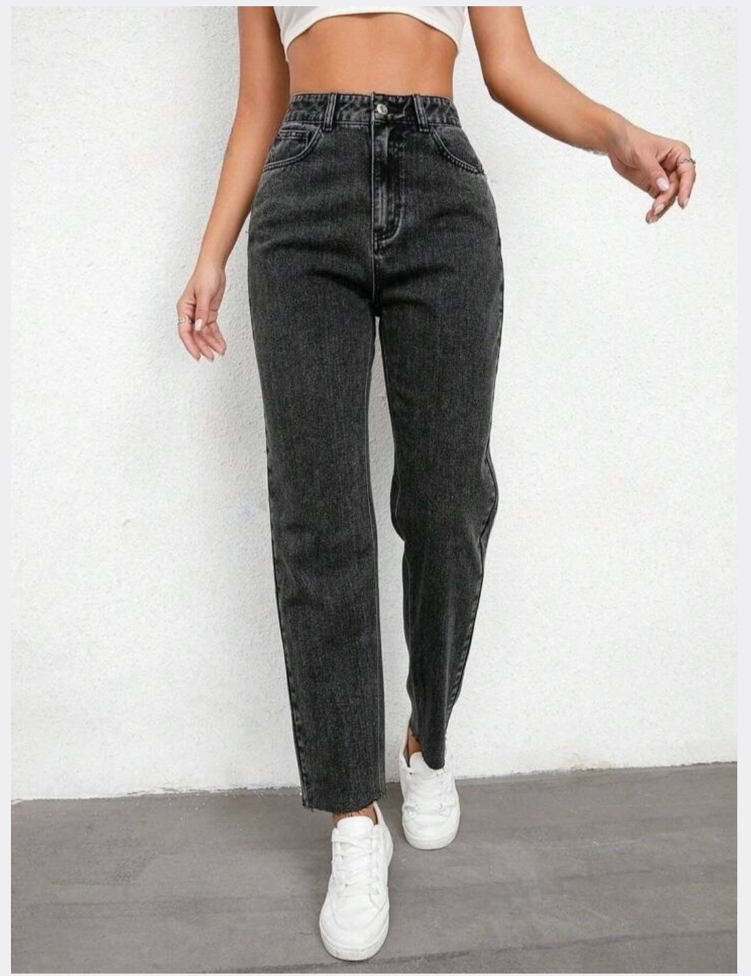 Highwaist Raw Hem Mom Fit Denim In Charcoal Grey
