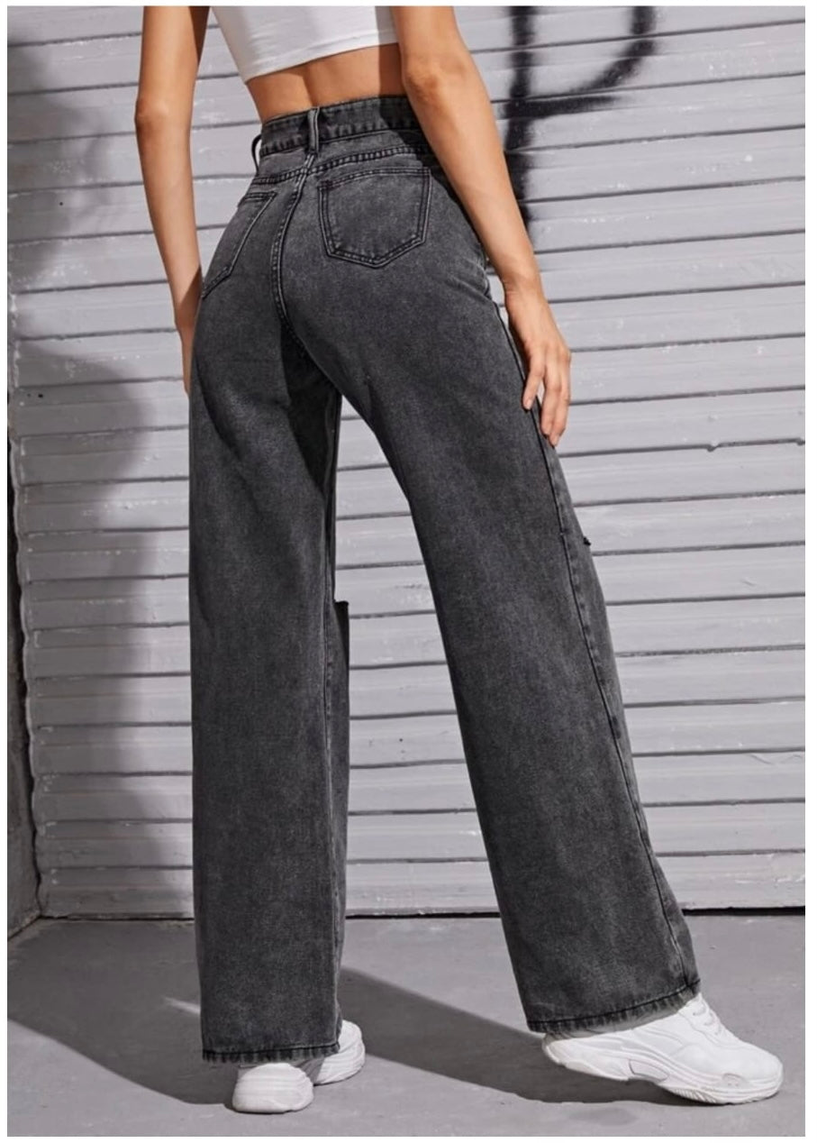 Highwaist Distressed Straight Fit Wide Leg Denim In Charcoal Grey