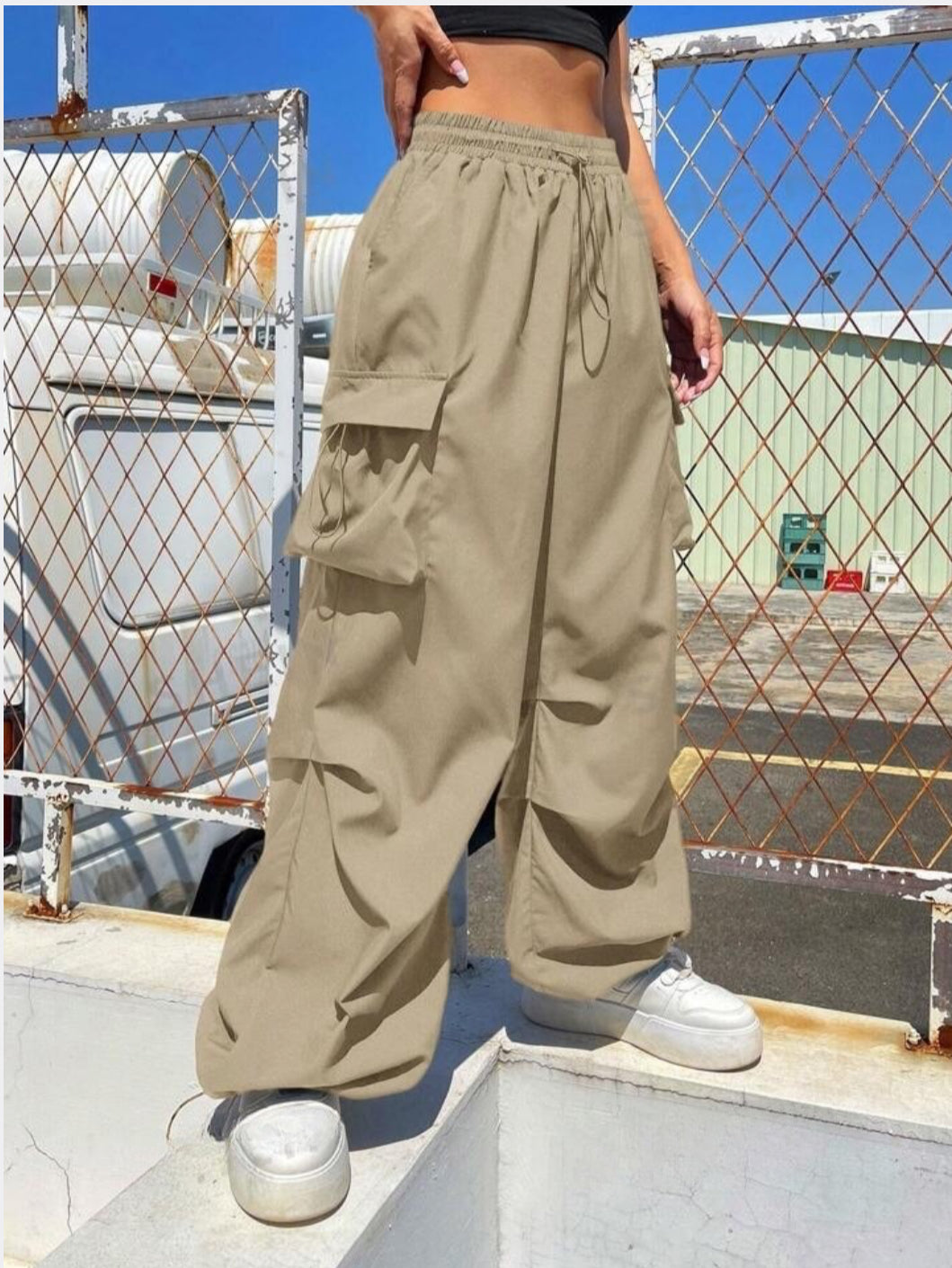 Drawstring Parachute Pants - Beige