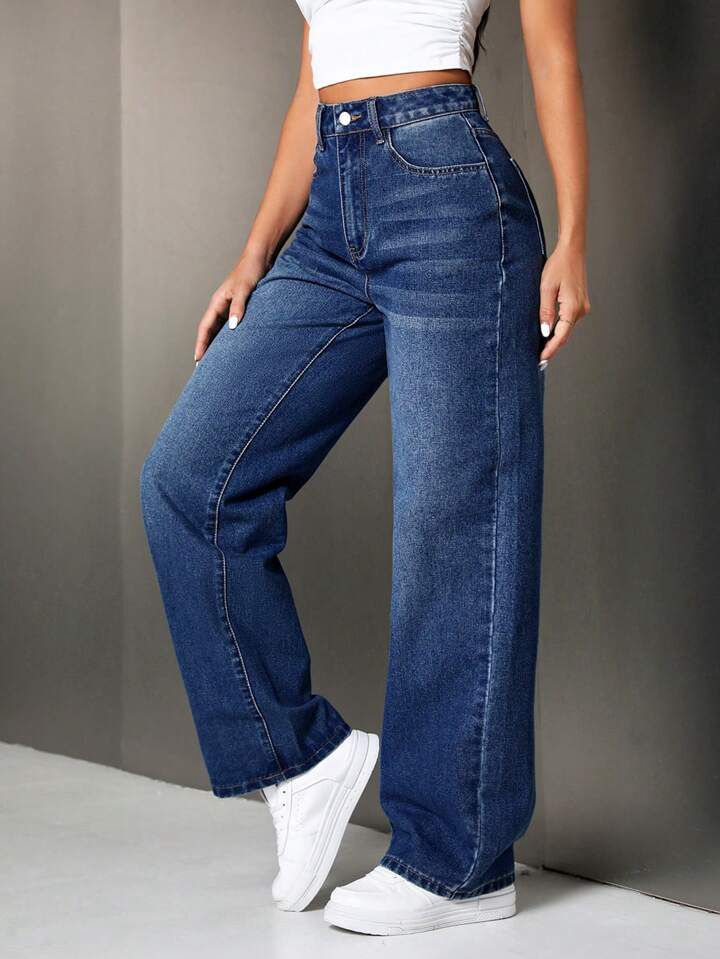 Highwaist Whisker Wash Distressed Hem Baggy Fit Denim - Dark Blue