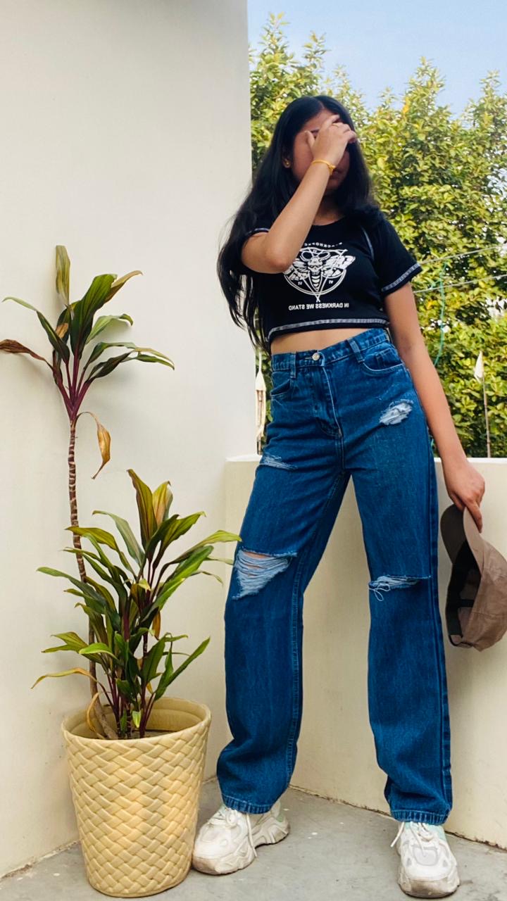 Highwaist Distressed Wide Leg Denim In Dark Blue