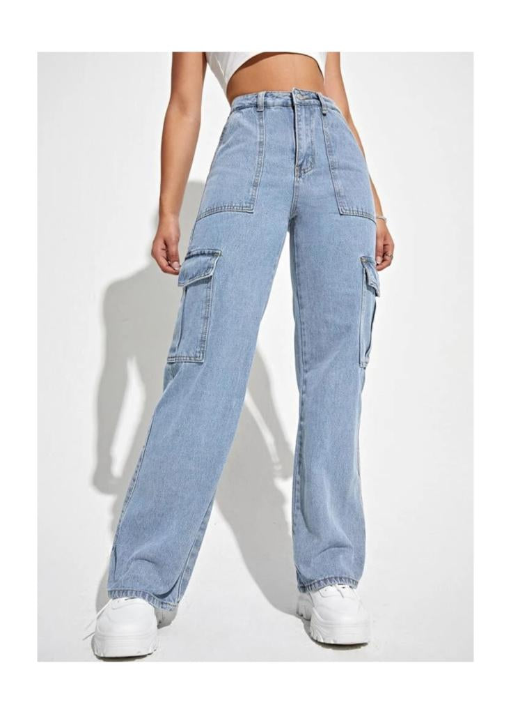 Highwaist Flap Pockets Cargo Style Denim In Light Blue