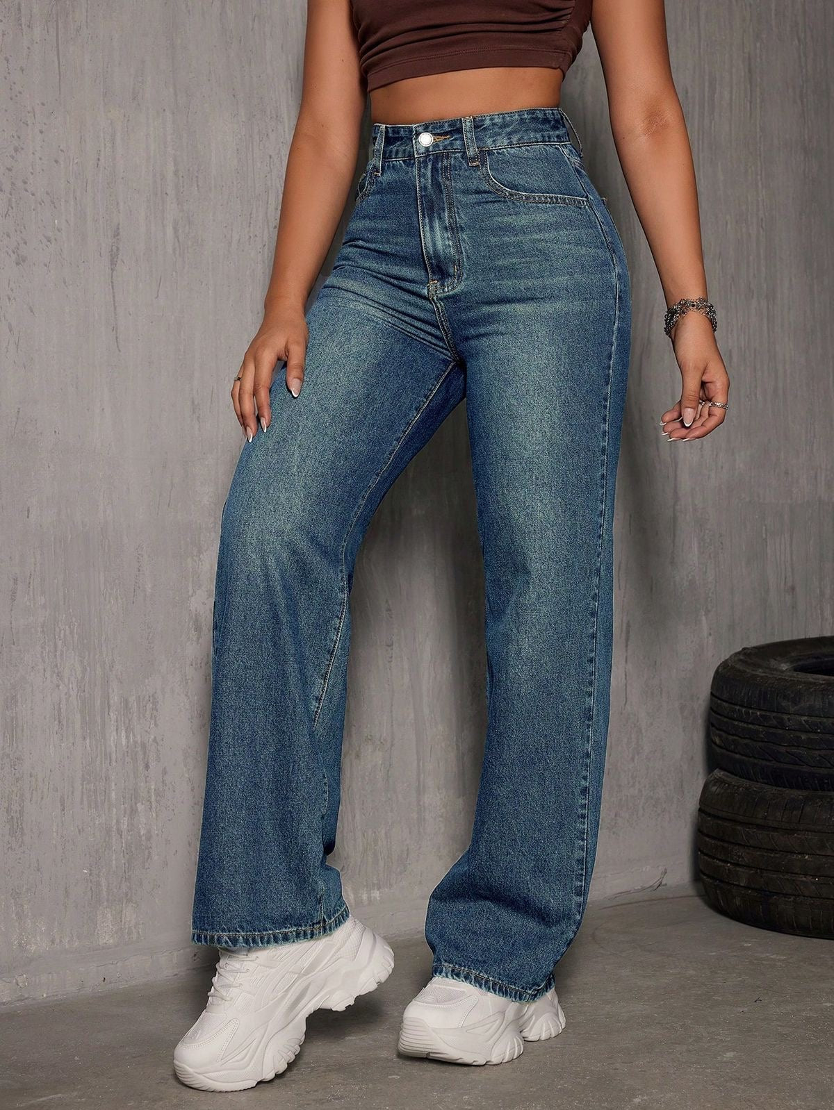 Highwaist Whisker Straight Fit Wide Leg Denim In Ocean Blue