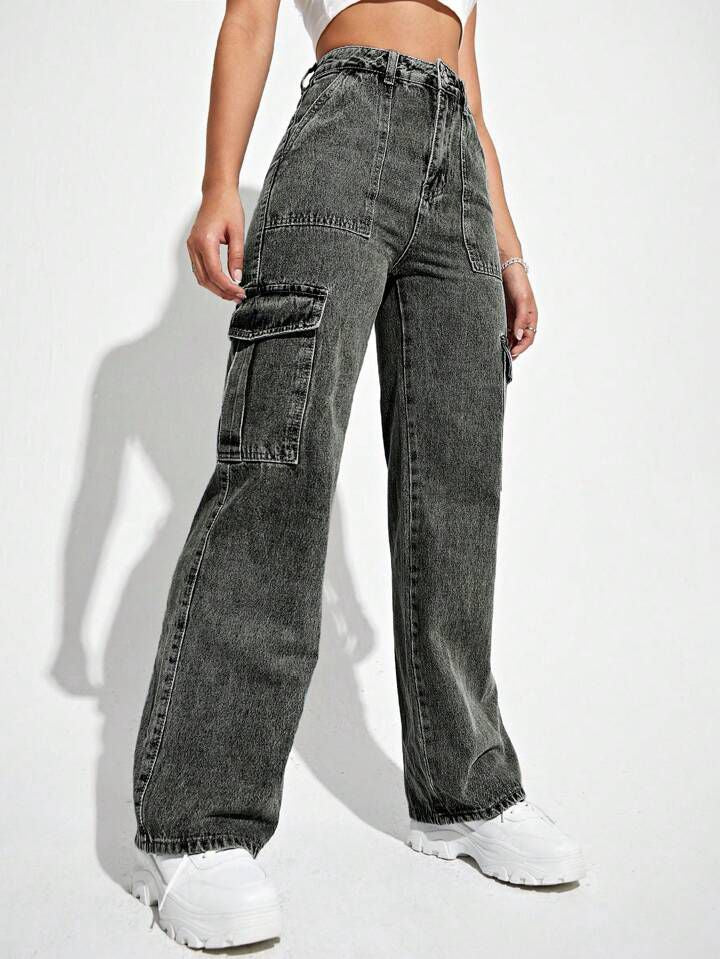 Highwaist Flap Pockets Cargo Style Denim In Charcoal Grey
