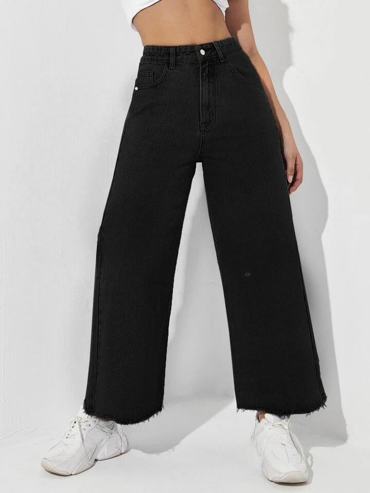Highwaist Raw Hem Wide Leg Denim In Black