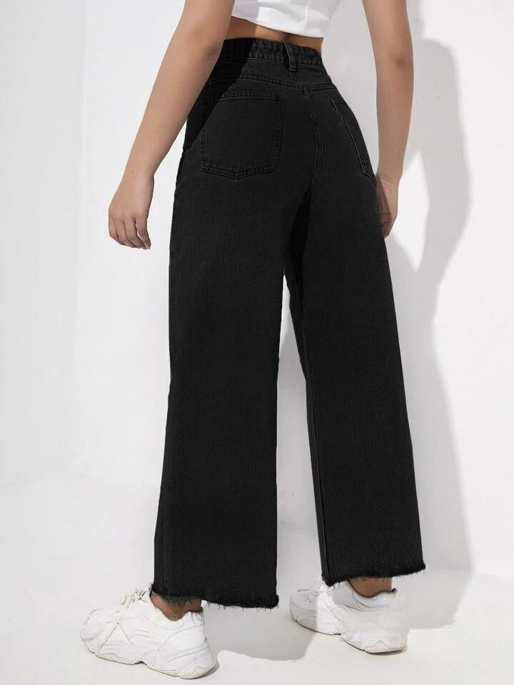 Highwaist Raw Hem Wide Leg Denim In Black