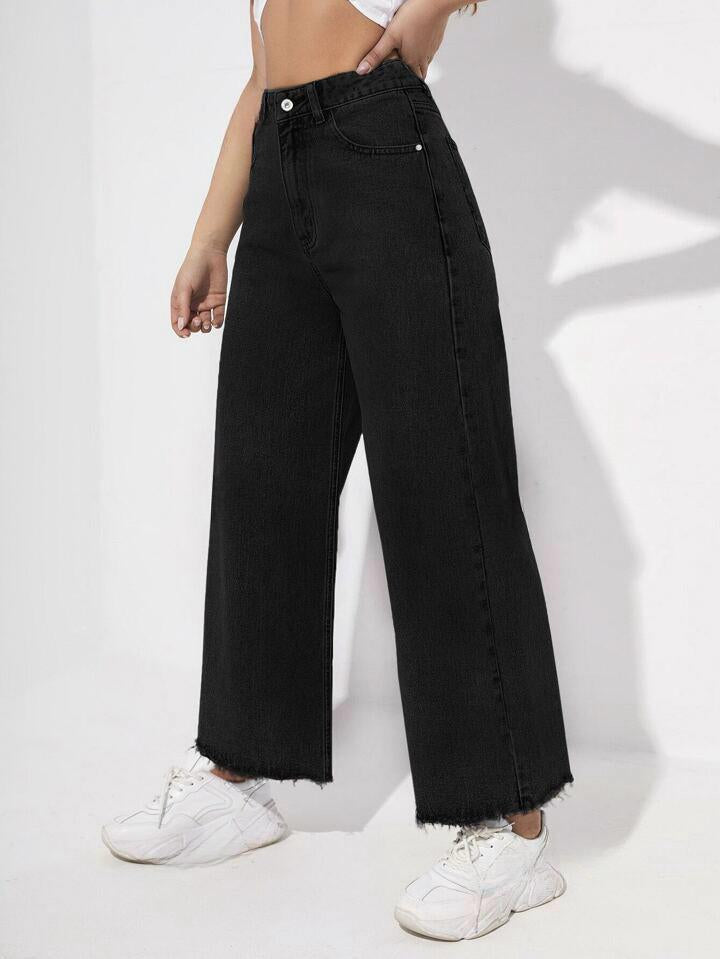 Highwaist Raw Hem Wide Leg Denim In Black