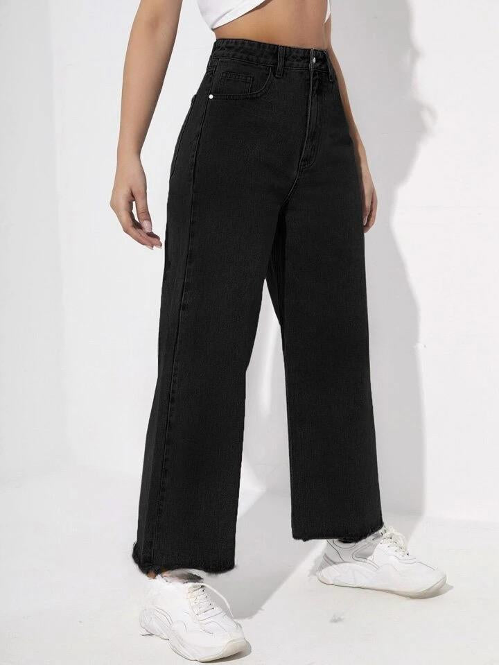 Highwaist Raw Hem Wide Leg Denim In Black