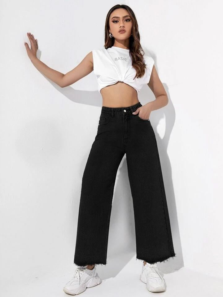 Highwaist Raw Hem Wide Leg Denim in Black Glamulous Clothing