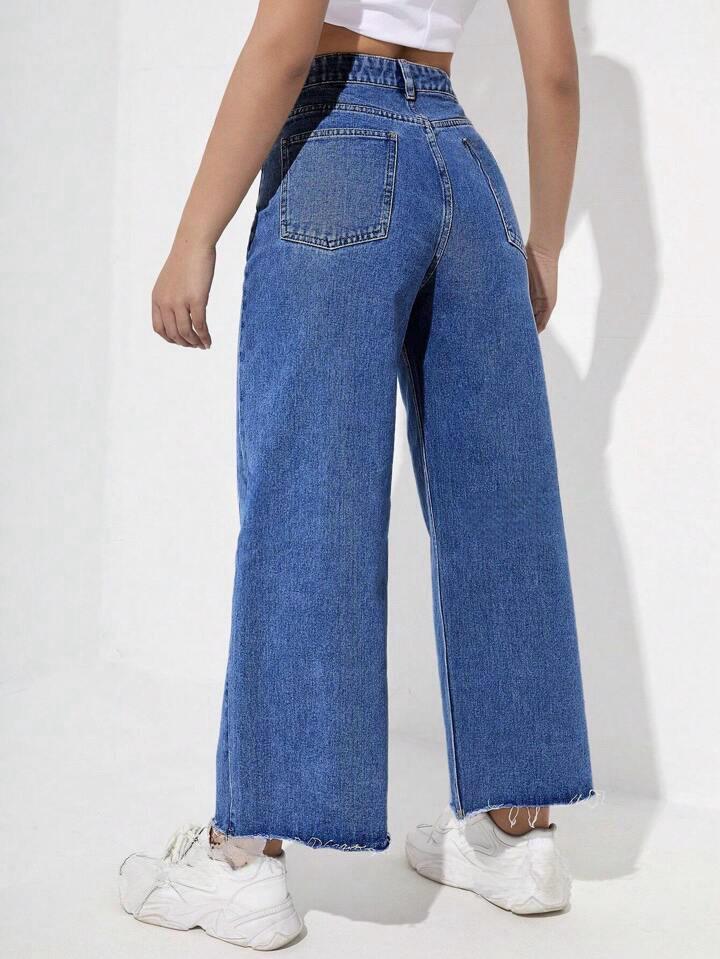 Highwaist Raw Hem Wide Leg Denim In Stone Blue
