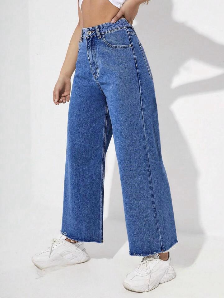 Highwaist Raw Hem Wide Leg Denim In Stone Blue