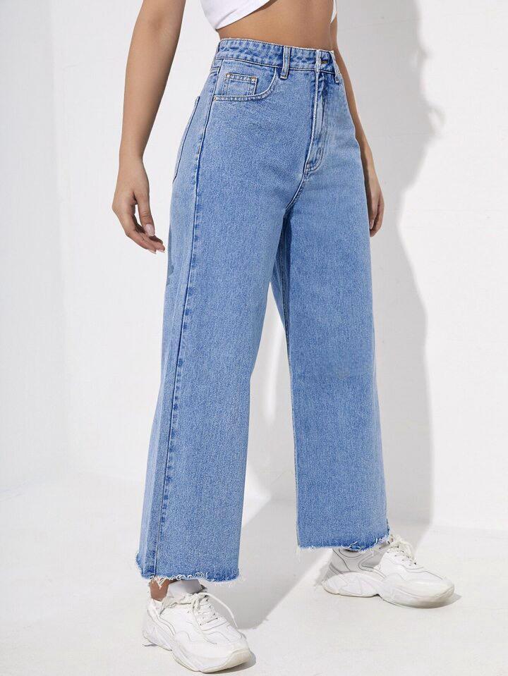 Highwaist Raw Hem Wide Leg Denim In Ice Blue