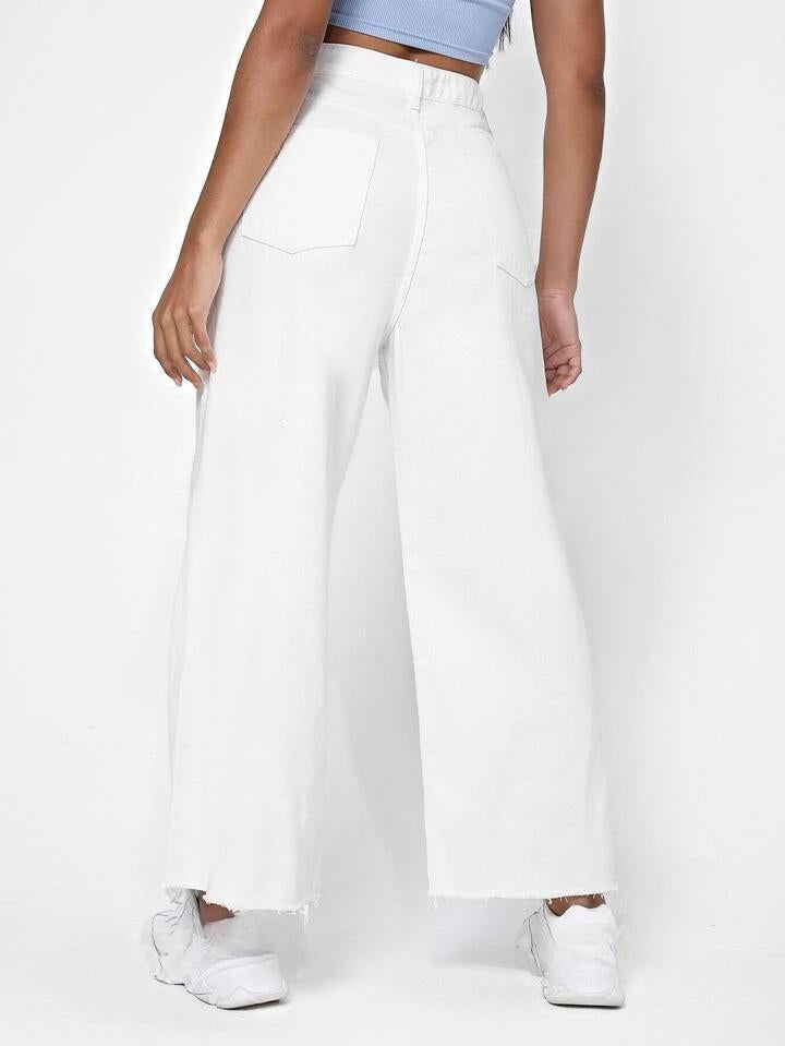 Highwaist Raw Hem Wide Leg Denim In White