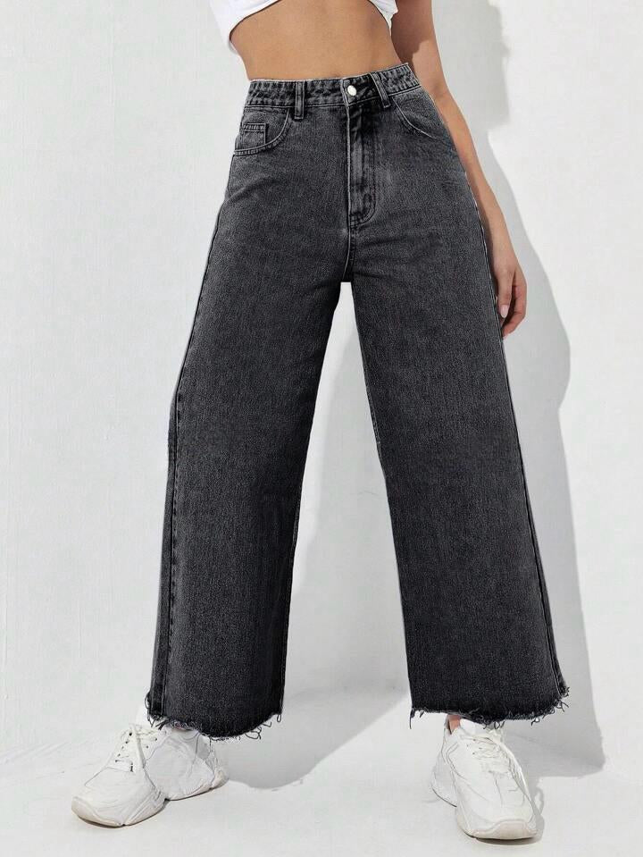 Highwaist Raw Hem Wide Leg Denim In Charcoal Grey
